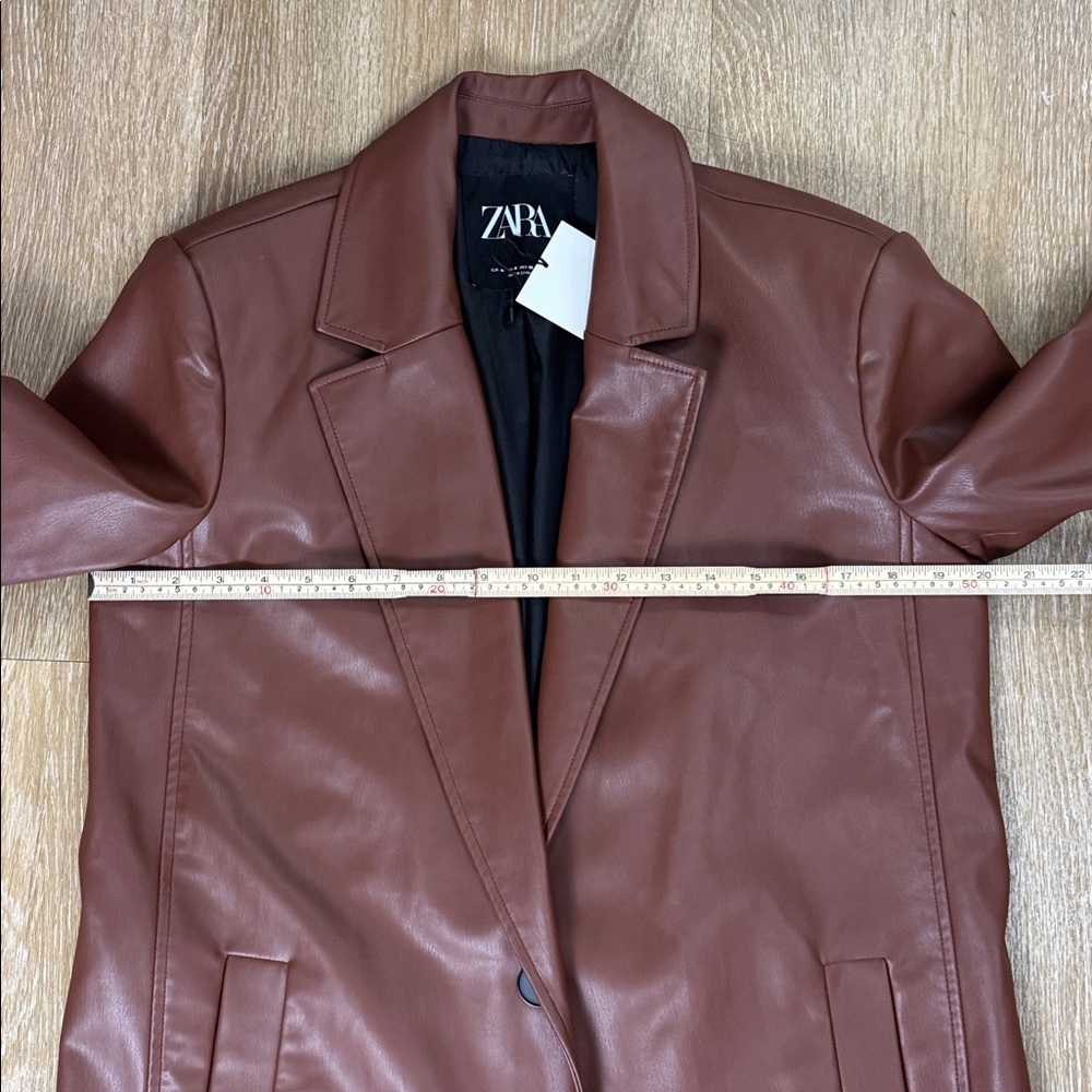 Zara Faux Leather Longline Duster Blazer Top Coat Jacket Cognac Brown Medium - Picture 9 of 11